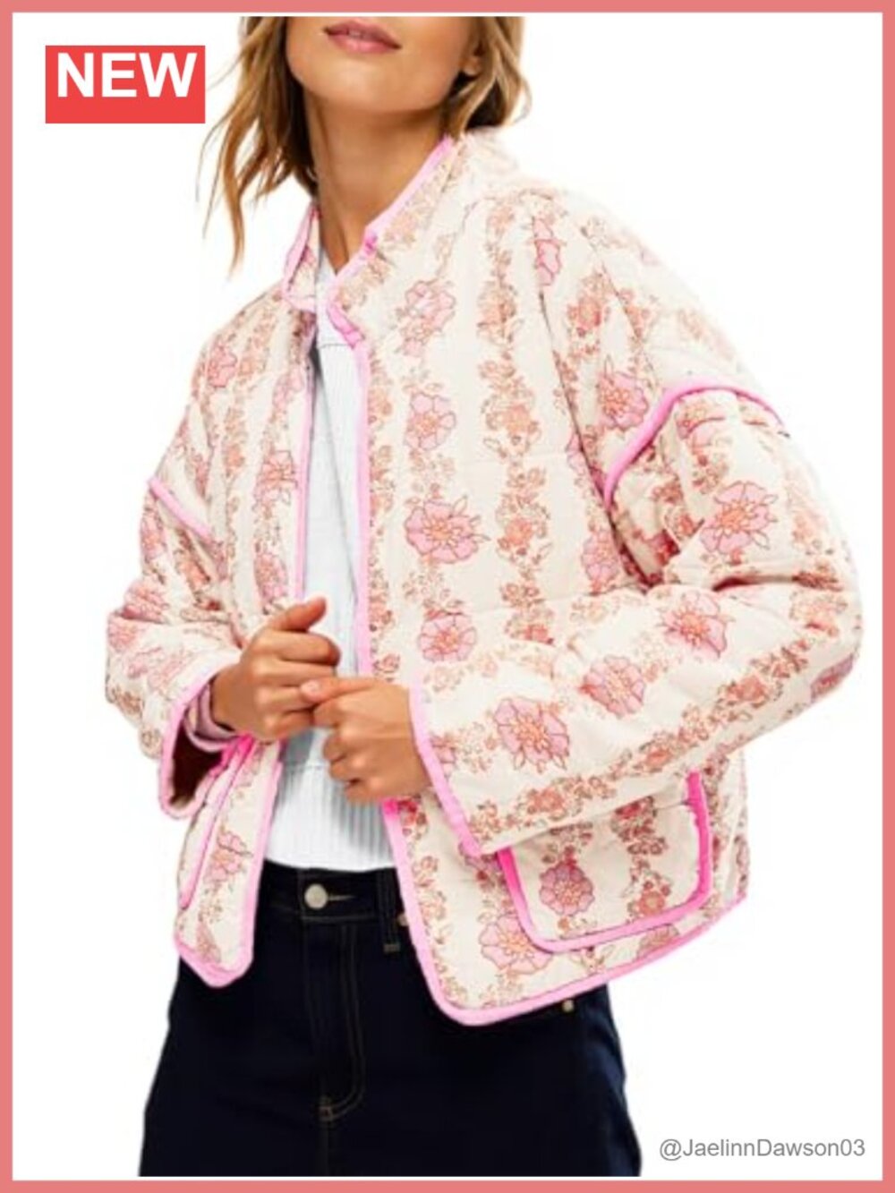 Quilted Lightweight Floral Print Jacket Open Front Padded Winter Coat